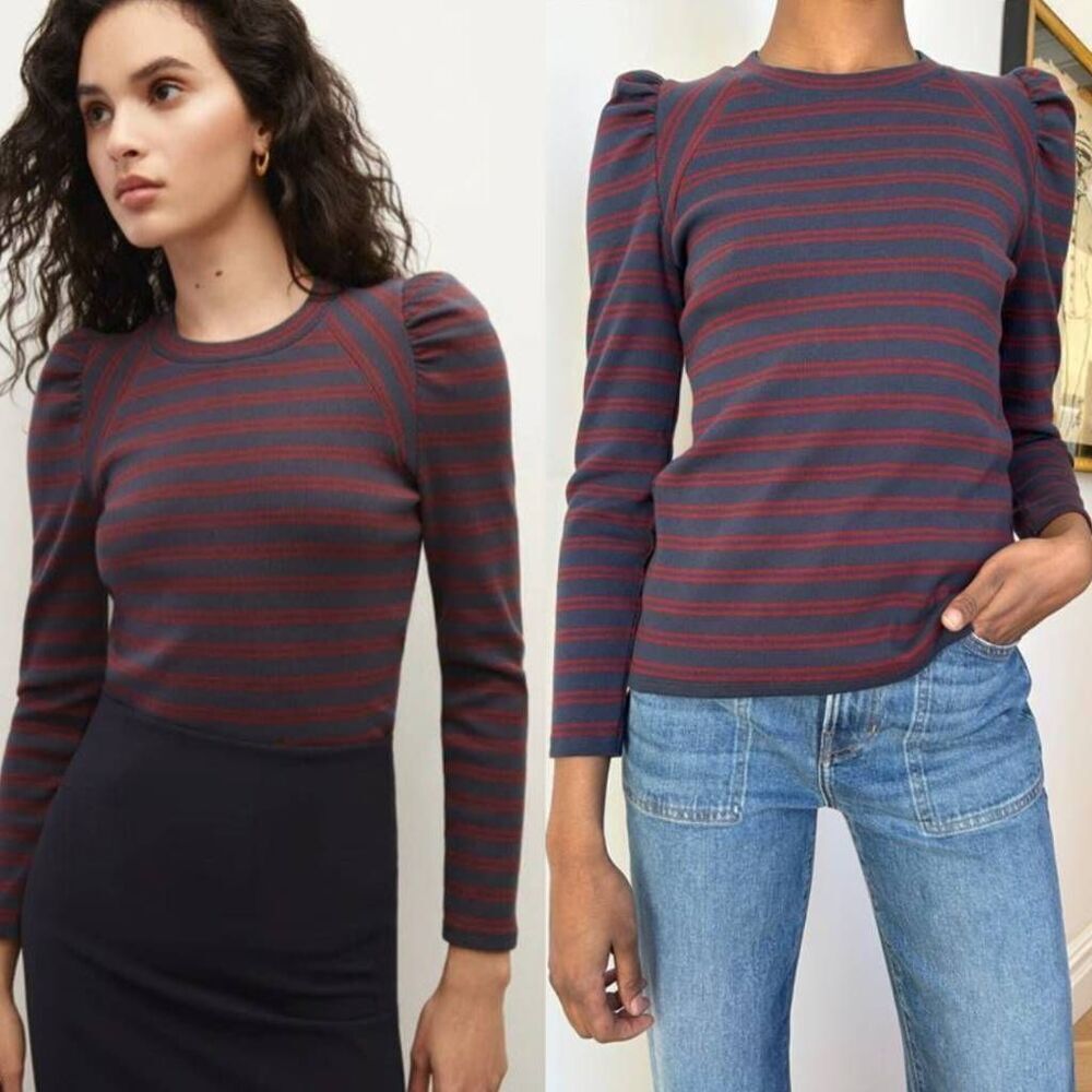 Veronica Beard Delano Striped Knit Puff-Sleeve Top S
